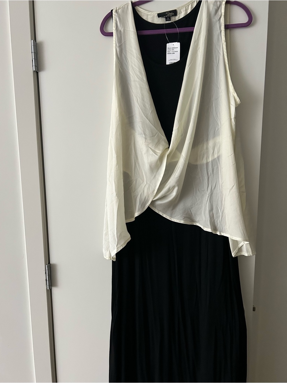Suzanne Betro Black Maxi Dress with Cream Draped Overlay